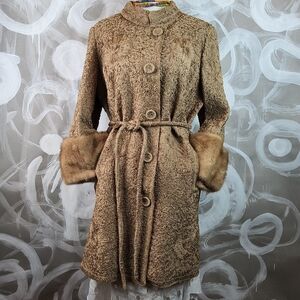 VTG 50s THE CHARLOTTE SHOP Tan Original Ribbon Detail Wmns Jacket S Mink Cuffs